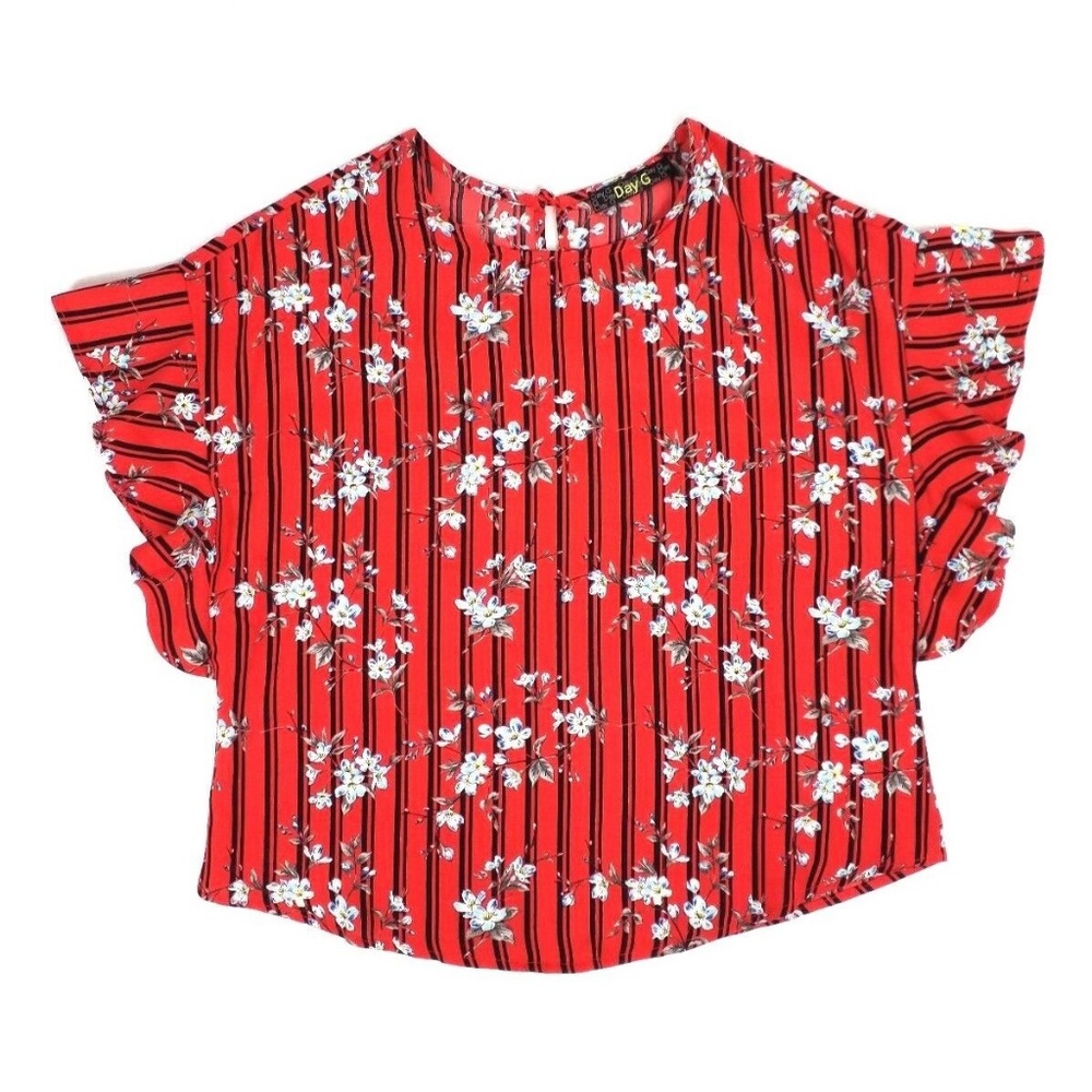 Day G Red Stripe Floral Print Flutter Sleeve Top